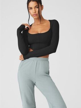 ALO Yoga Soft Sculpt Long Sleeve Corset Cropped Shelf Bra Black Top Shirt XS